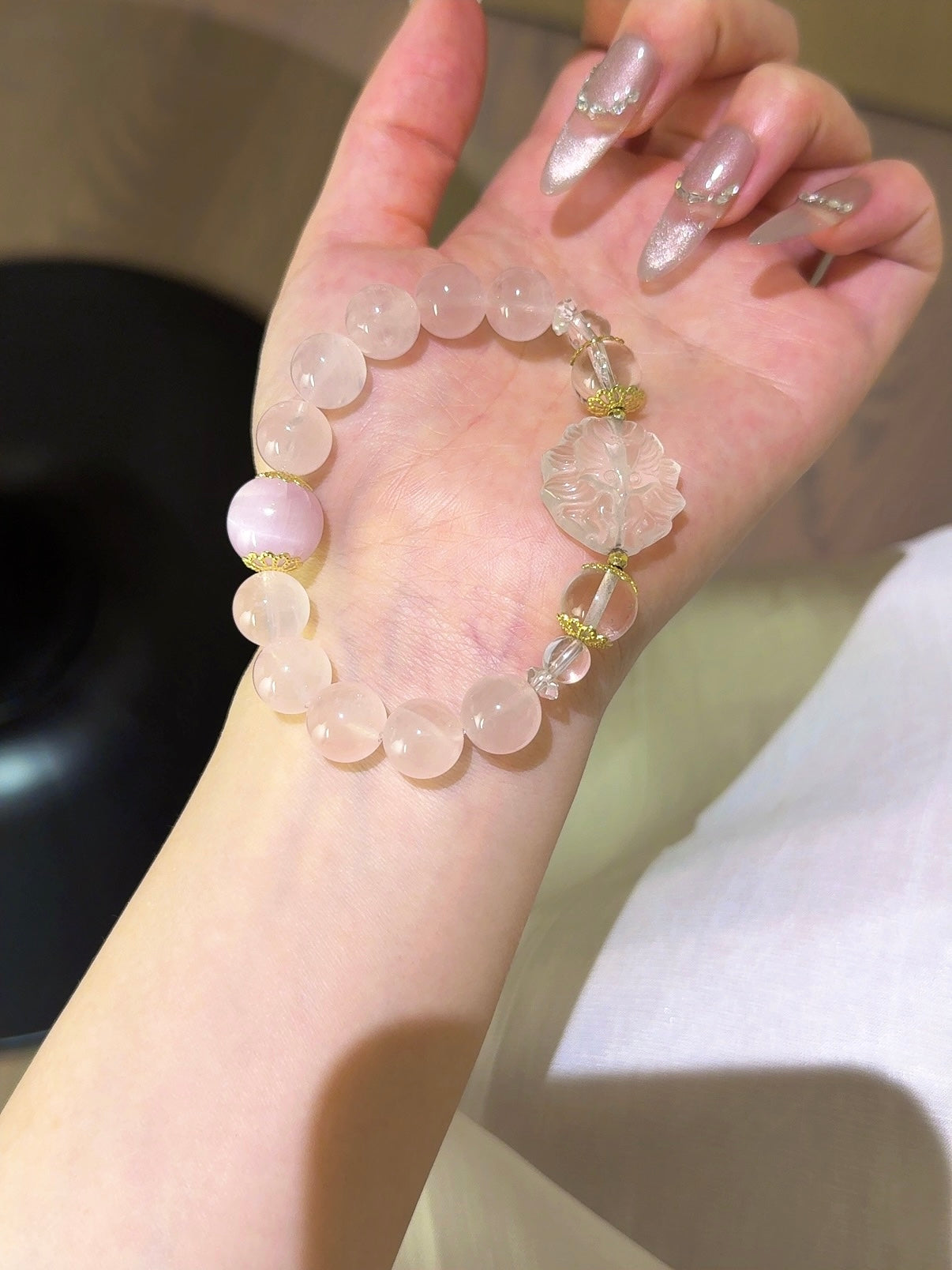 ▫️▪️ Pink crystal kunzite white crystal fox bracelet